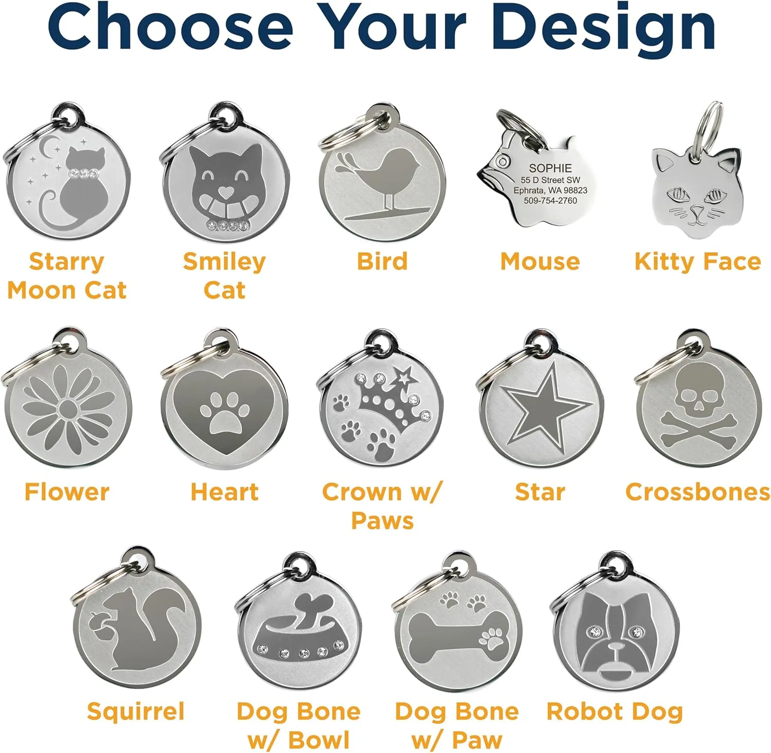 GoTags Playful, Custom Engraved Pet ID Tags, Solid Stainless Steel, Personalized Dog and Cat Pet ID with up to 4 Lines of Text, Cute, Durable and Long-Lasting