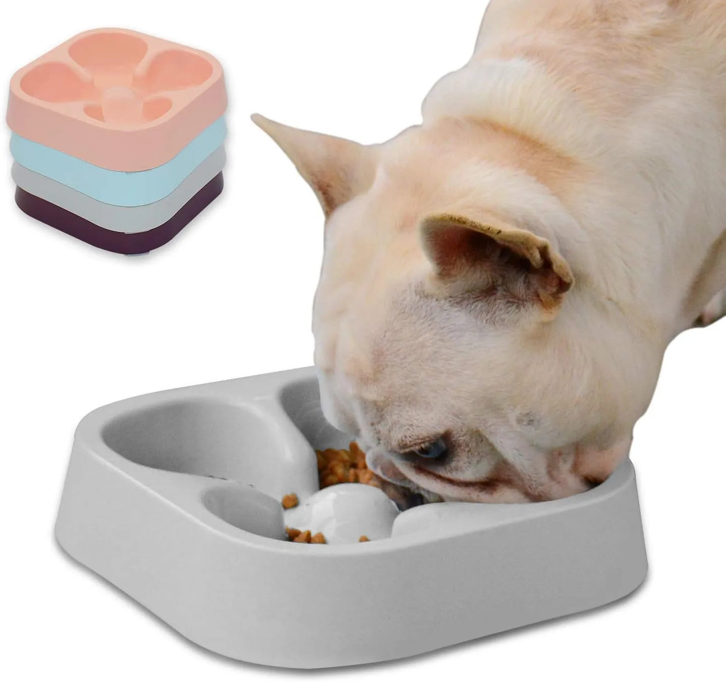 Healthy Slow Feeding Dog Bowl for French Bulldog -Slow Feeder Dog Bowl No Chocking Dog Cat Food Water Bowl with Four-Leaf Clover Pattern (Grey)