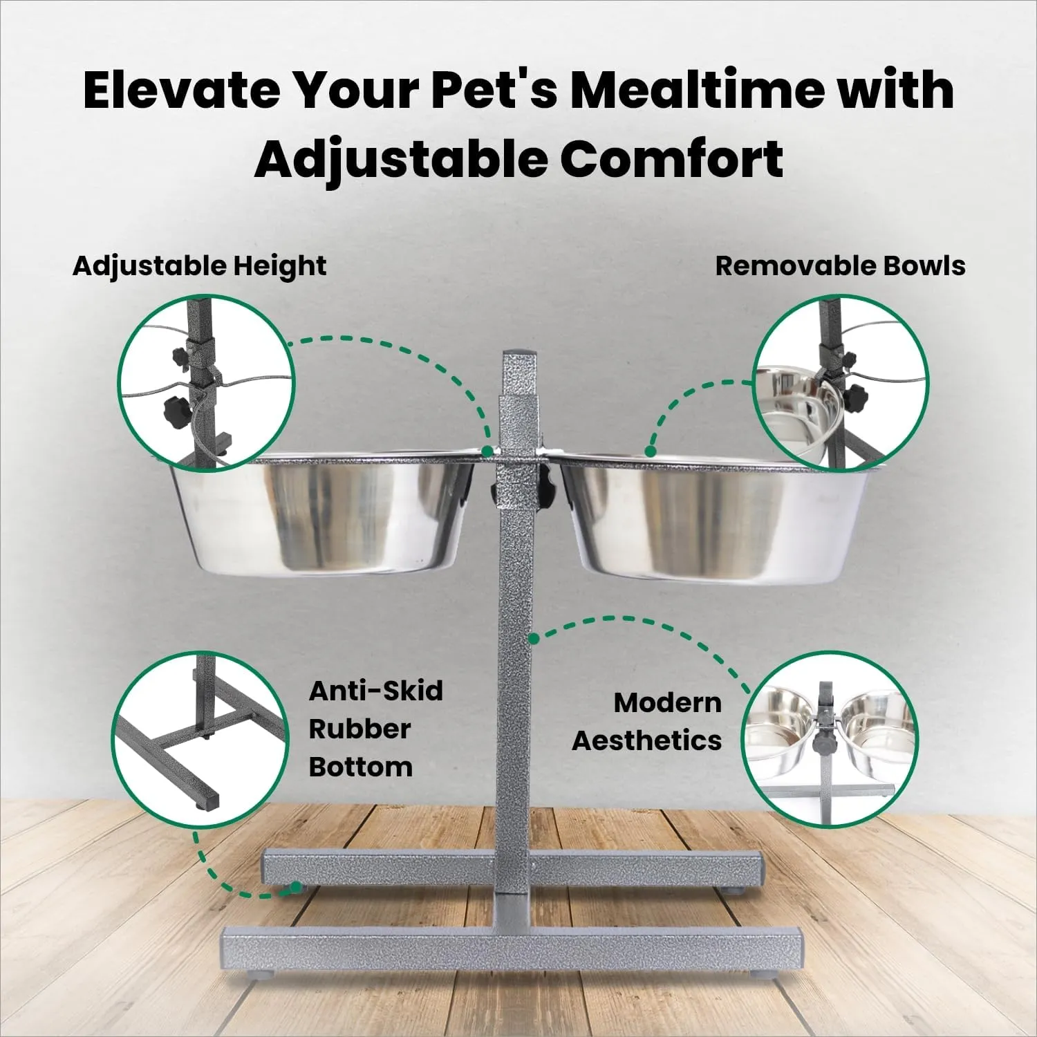 Iconic Pet Adjustable H-Design Double Diner - Non-Skid Rubber Base Noise Free Stable Dog Food Stand with 3 Quart/ 96 oz Stainless Steel Elevated Dog Food Bowls for Proper Growth & Digestion