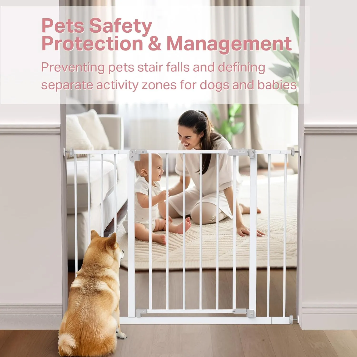 InnoTruth 28.9-42.1" Baby Gate for Stairs & Doorways, 30" Tall, Extra-Wide Dog Gate with 2-Way Swing, Easy Walk-Through & Dual Lock, Pressure Mount Child Safety Gate for Indoor Use  White