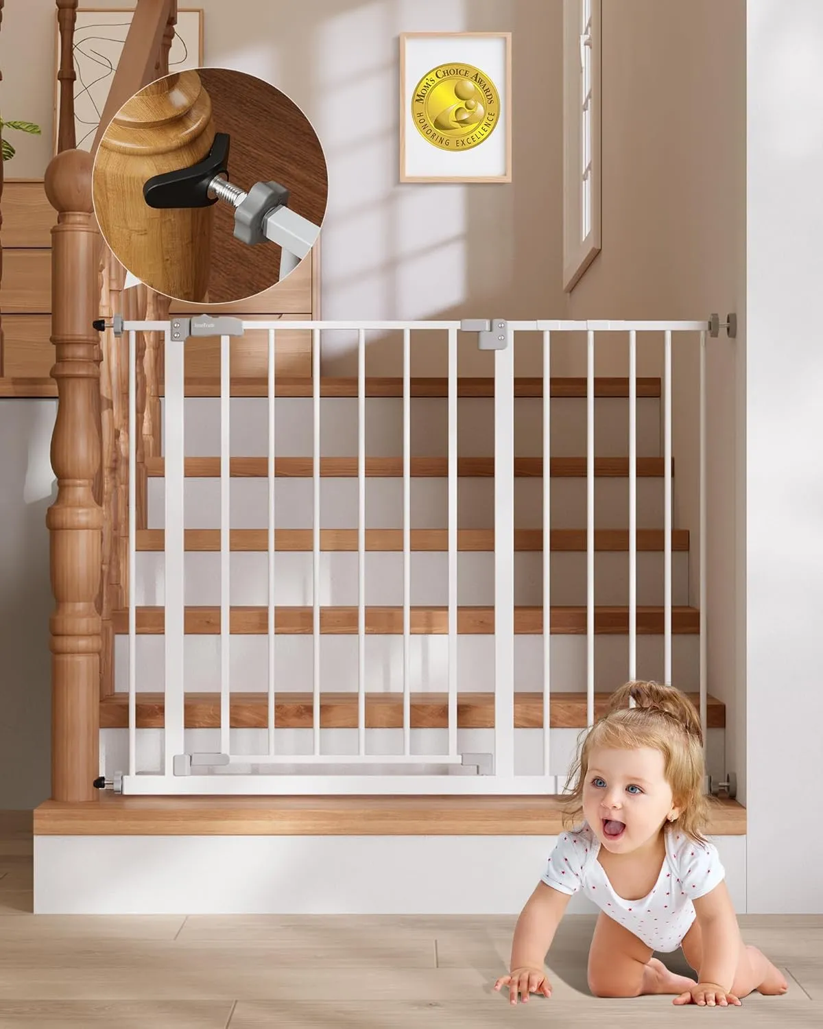 InnoTruth 28.9-42.1" Baby Gate for Stairs & Doorways, 30" Tall, Extra-Wide Dog Gate with 2-Way Swing, Easy Walk-Through & Dual Lock, Pressure Mount Child Safety Gate for Indoor Use  White