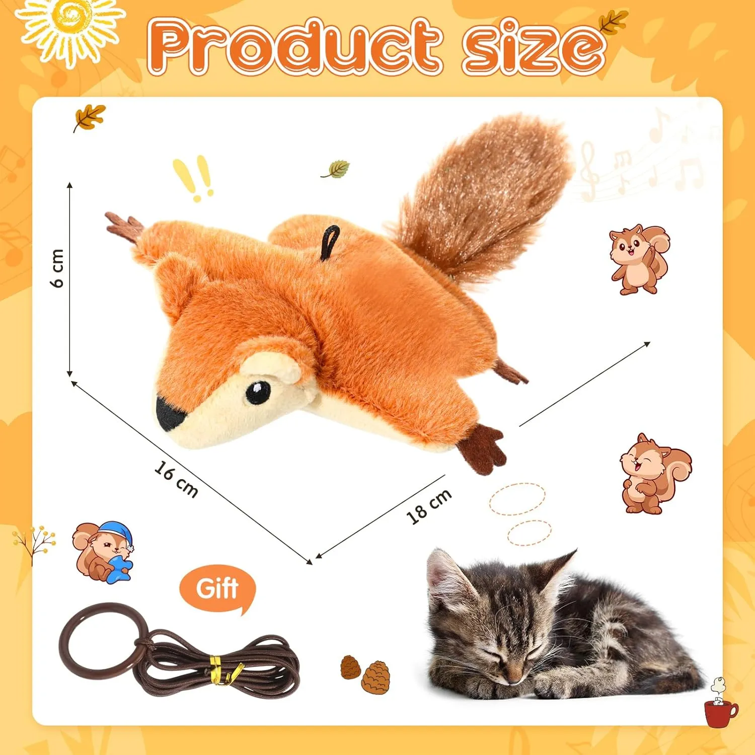 Interactive Flapping Squirrel Cat Toy with Chirping and Flapping Wings No Flying Rechargeable Catnip Touch Activated Electronic Kittens Plush Exercise Toys for Indoor Cats Small Dogs
