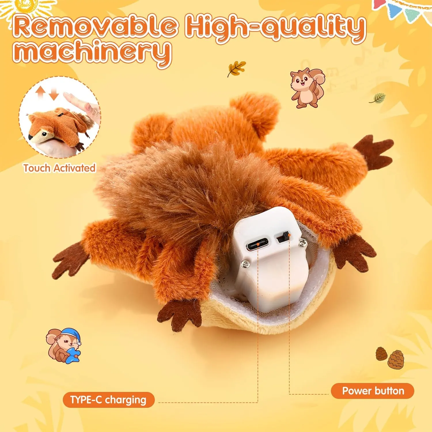Interactive Flapping Squirrel Cat Toy with Chirping and Flapping Wings No Flying Rechargeable Catnip Touch Activated Electronic Kittens Plush Exercise Toys for Indoor Cats Small Dogs
