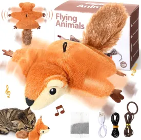Interactive Flapping Squirrel Cat Toy with Chirping and Flapping Wings No Flying Rechargeable Catnip Touch Activated Electronic Kittens Plush Exercise Toys for Indoor Cats Small Dogs