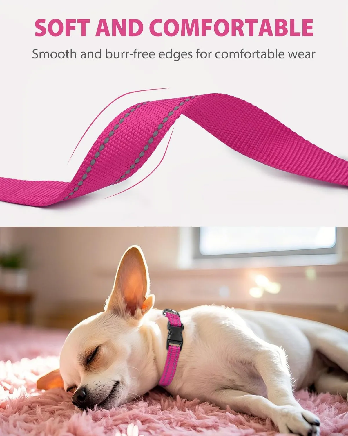 Joytale Small Dog Collar, Reflective and Adjustable Nylon Collar with Quick-Release Buckle, Lightweight No-Choke Design for Puppy and Extra Small Dogs, Hotpink, XS