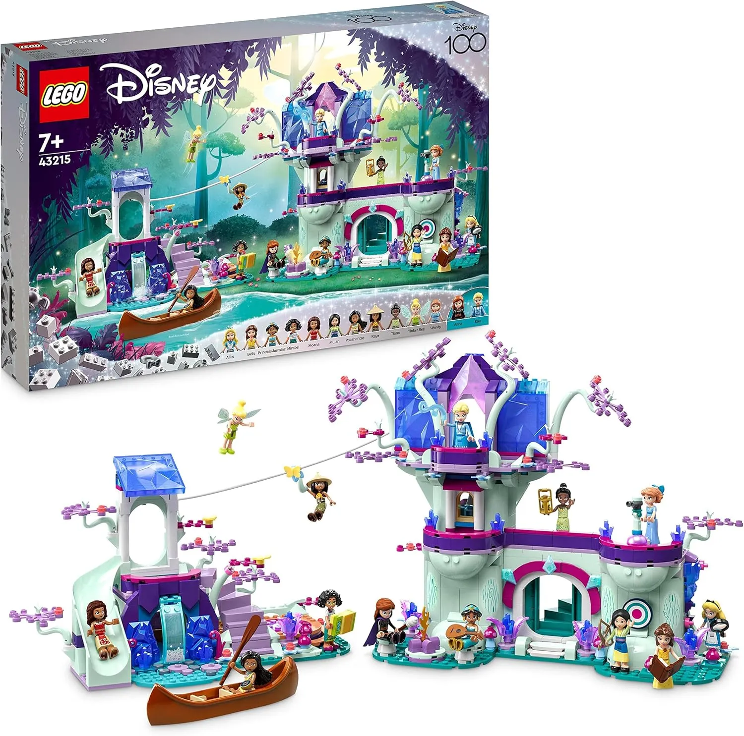 LEGO Disney The Enchanted Treehouse (Set 43215) – 13 Mini-Doll Figures Including Princess Jasmine, Elsa, Anna & Moana, 2-Level Buildable Toy, Gift for Kids 7 , Disney 100 Set