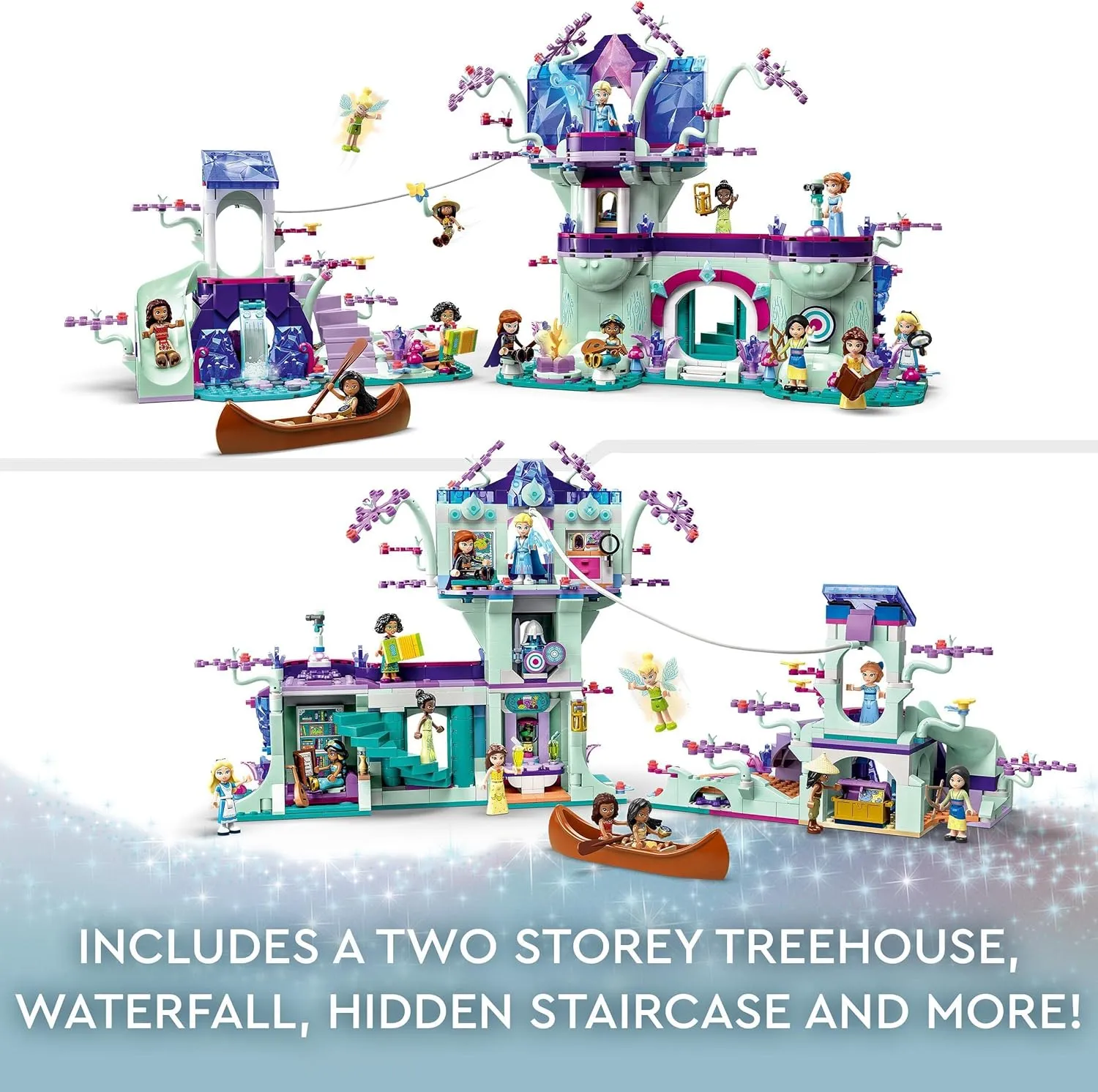 LEGO Disney The Enchanted Treehouse (Set 43215) – 13 Mini-Doll Figures Including Princess Jasmine, Elsa, Anna & Moana, 2-Level Buildable Toy, Gift for Kids 7 , Disney 100 Set