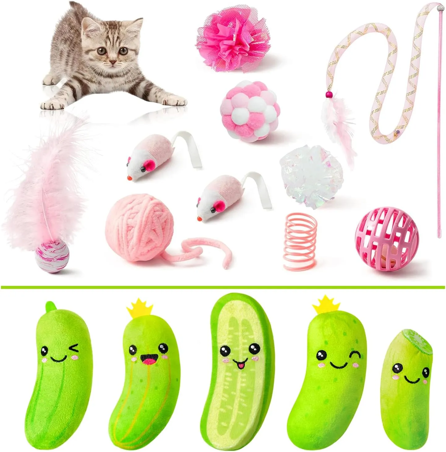 MALLMALL6 10Pcs Cat Toy & 5Pcs Pickle Catnip Toy, Interactive Toys for Cat