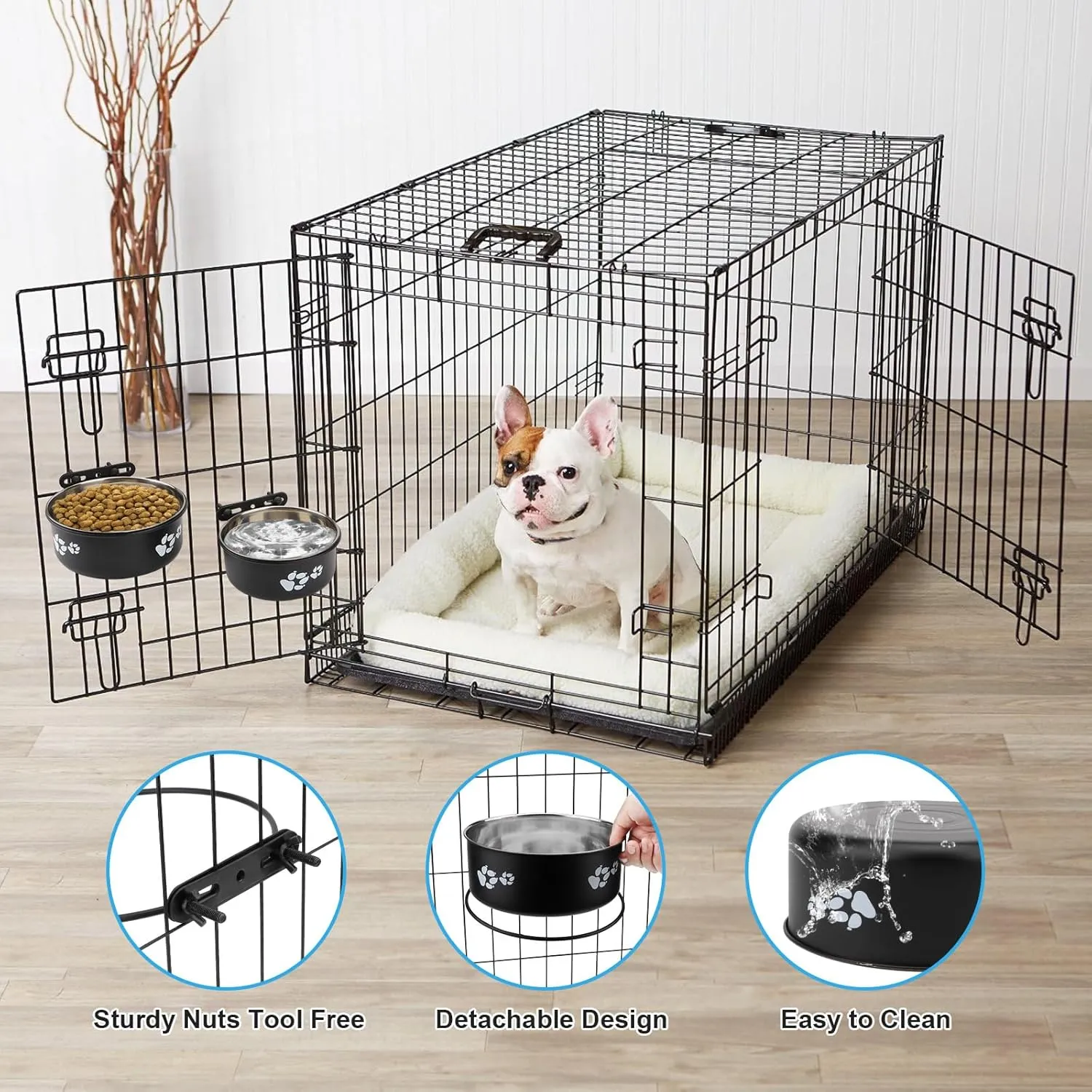 Mountable Stainless Steel Dog Bowl for Kennel, Cage Water Bowl No-Spill Hanging 2 PCS - Adjustable Pet Food and Water Feeder for Medium/Large Dogs (Black, L(6.3" 7.1"))