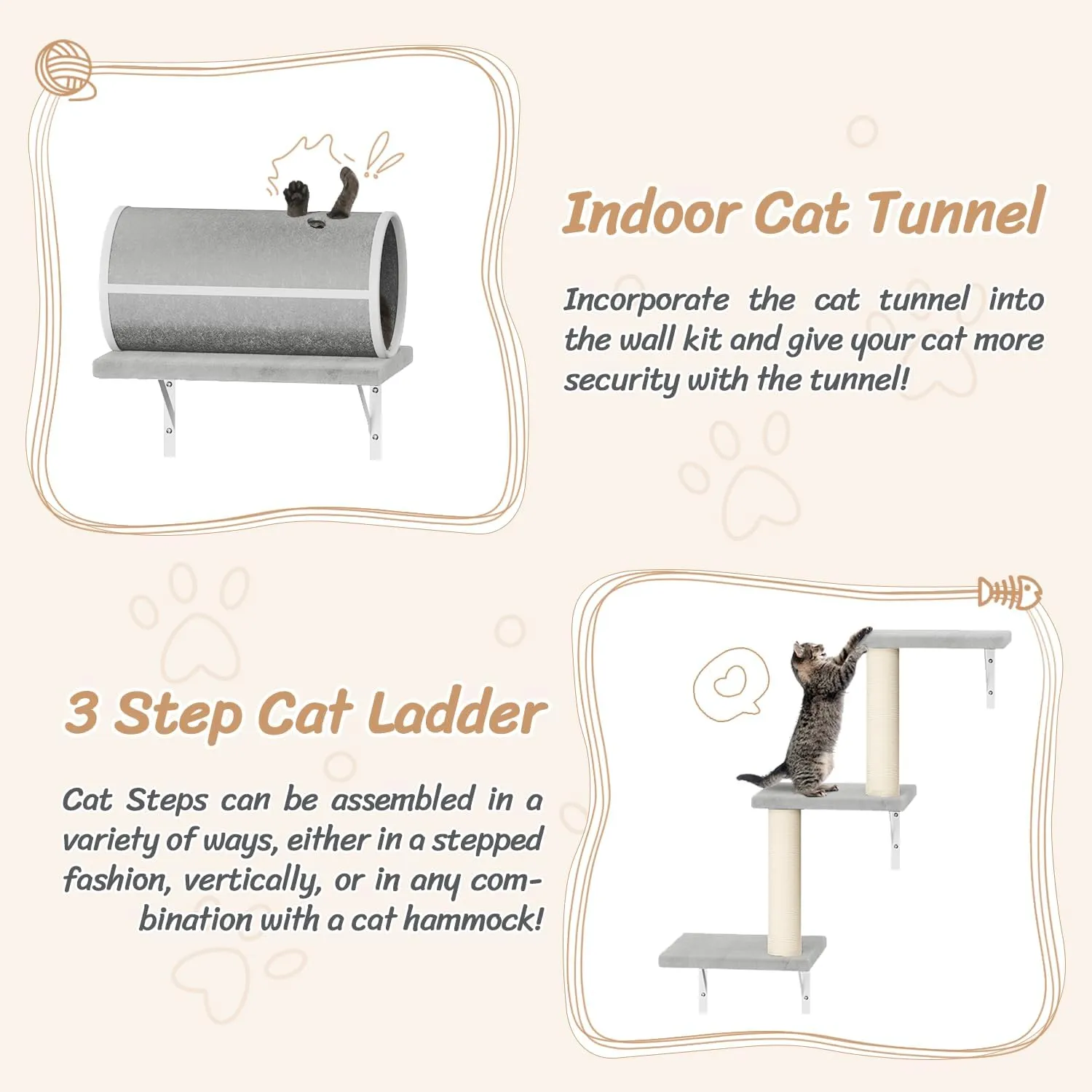 NUNU LAB 7-in-1 Wall Mounted Cat Climber Set, Cat Furniture Set with House, Tunnel, Bridge, Tree, Steps, Scratcher Board, Hammock, Luxury Wall Shelves for Indoor, Gray