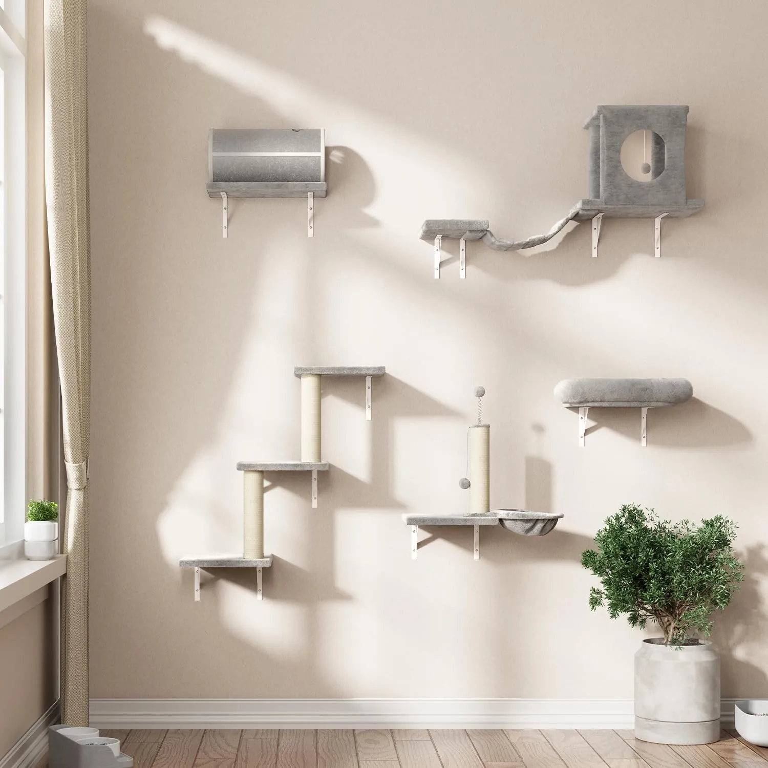NUNU LAB 7-in-1 Wall Mounted Cat Climber Set, Cat Furniture Set with House, Tunnel, Bridge, Tree, Steps, Scratcher Board, Hammock, Luxury Wall Shelves for Indoor, Gray