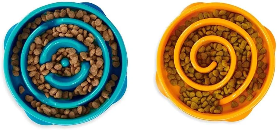 Outward Hound Fun Feeder Dog Bowls, Slow Feeders for Dogs, Medium/Mini, Turquoise and Orange