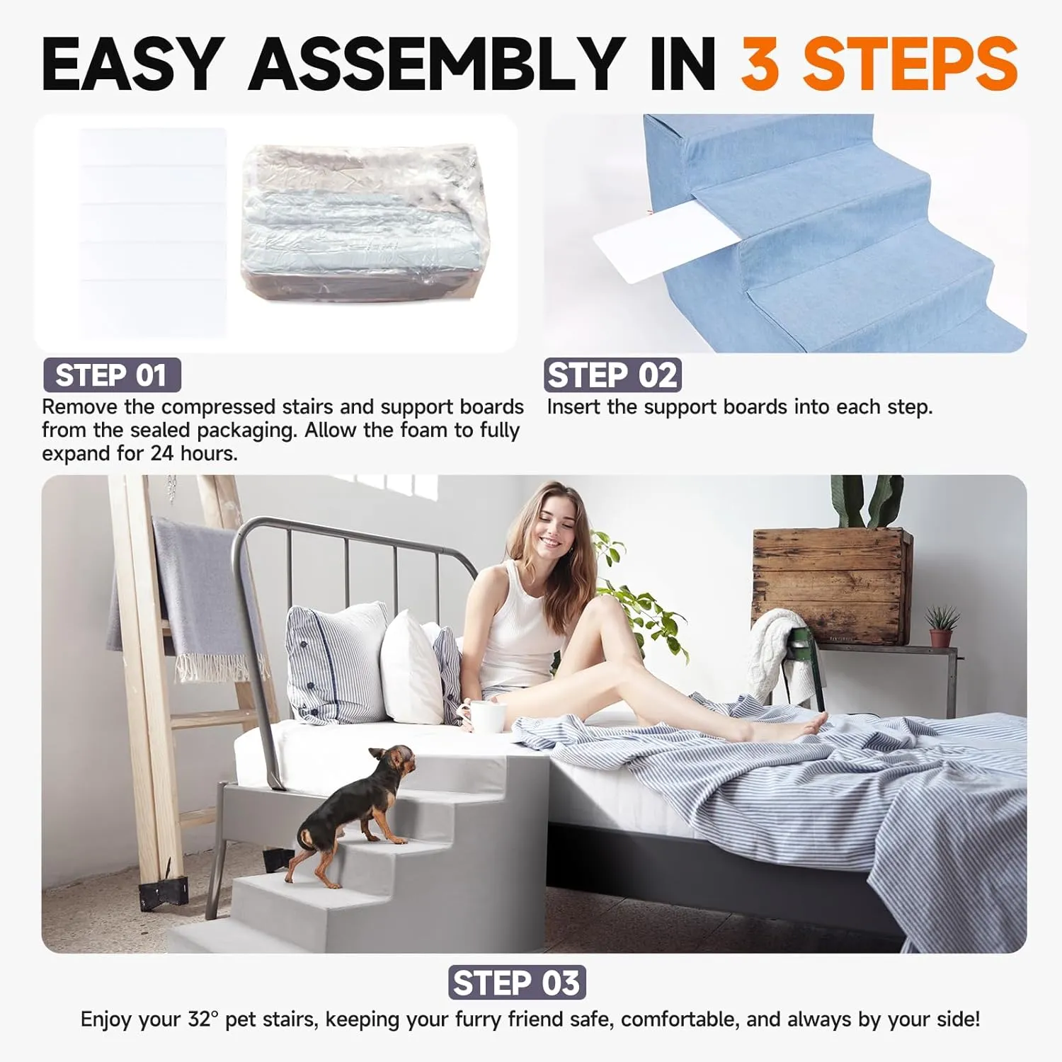 Pet Stairs for Small Dogs & Cats - 3/4/5 Steps, Non-Slip Extra Wide Design, Gentle Angle for Joint Protection, High Density Foam, Washable Cover, Fits Beds & Couches, 5 Steps-Blue Bird
