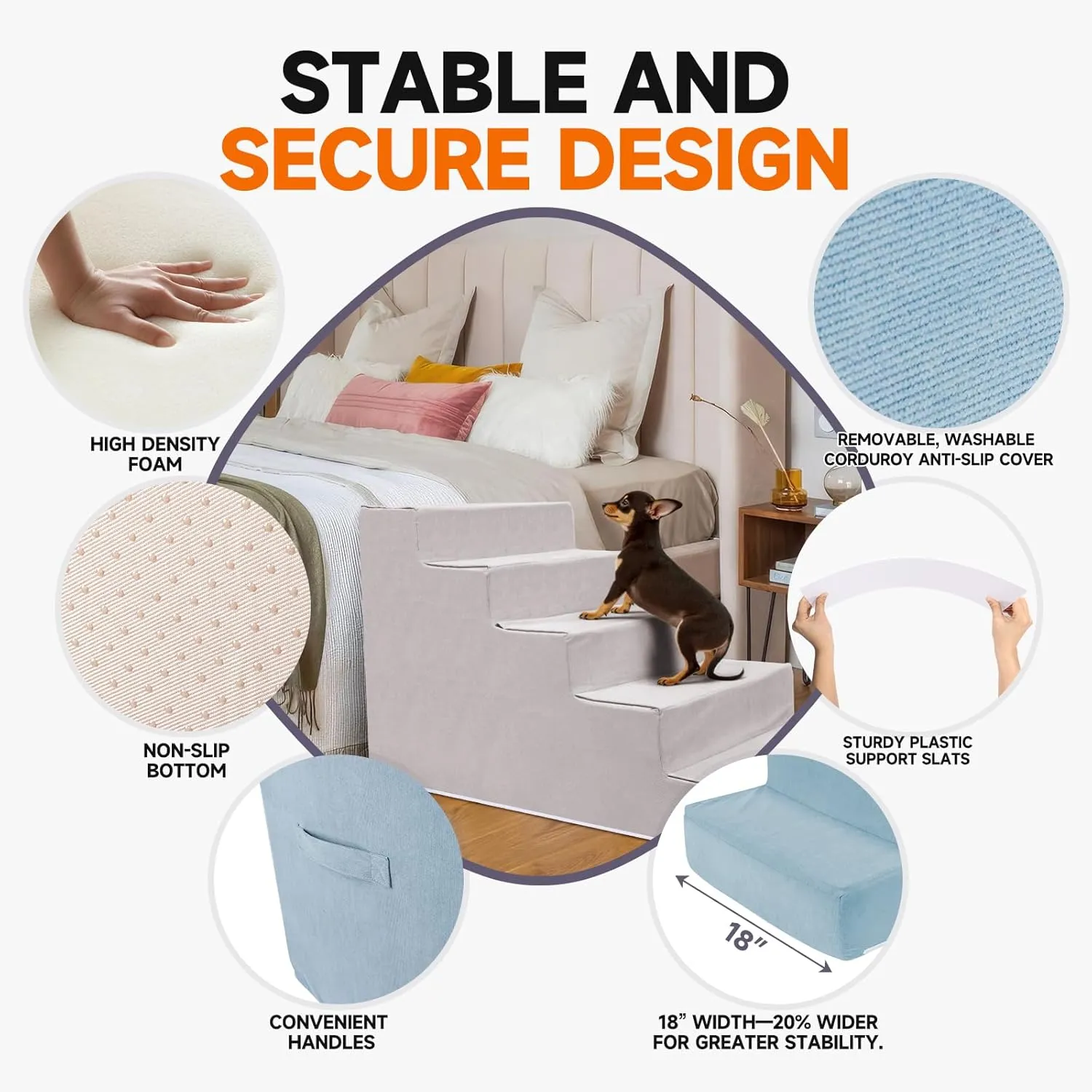 Pet Stairs for Small Dogs & Cats - 3/4/5 Steps, Non-Slip Extra Wide Design, Gentle Angle for Joint Protection, High Density Foam, Washable Cover, Fits Beds & Couches, 5 Steps-Blue Bird