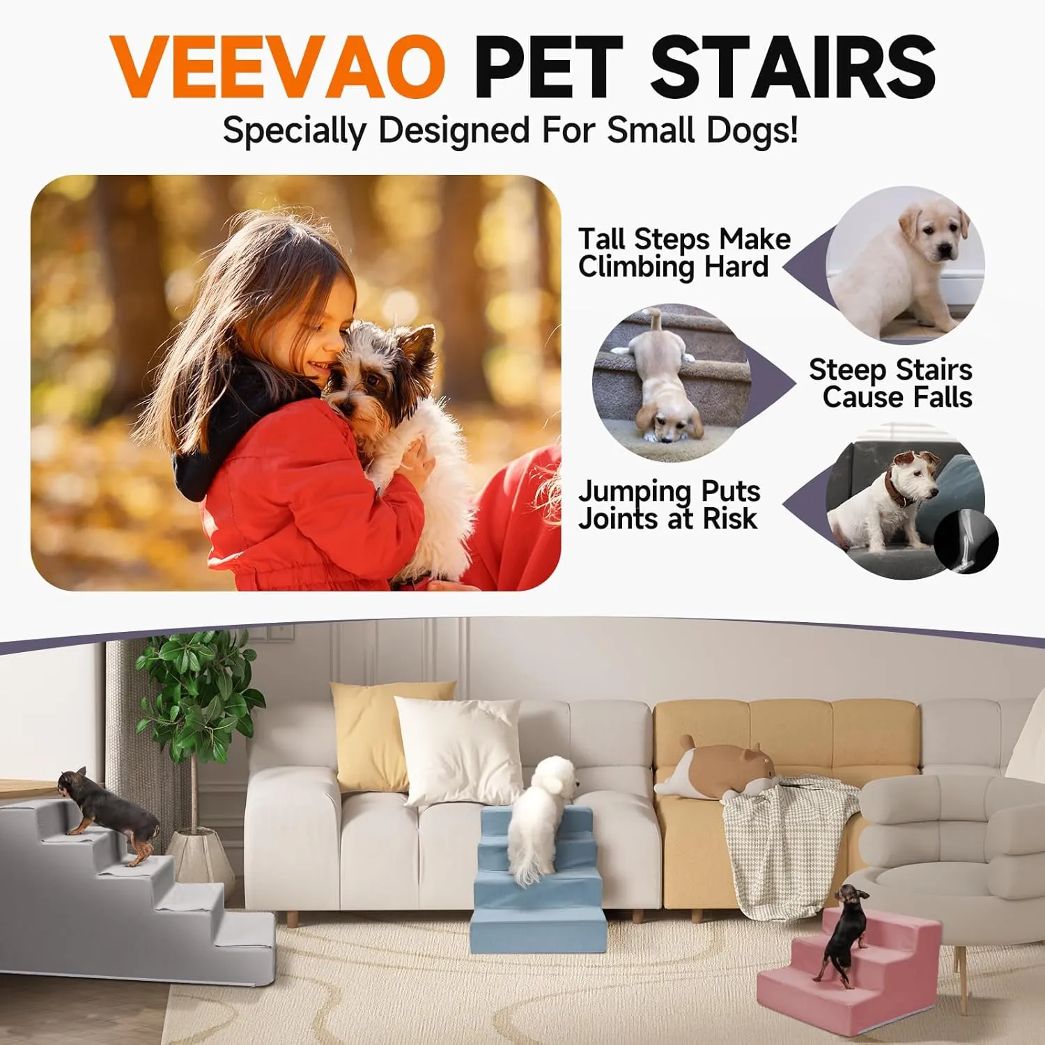 Pet Stairs for Small Dogs & Cats - 3/4/5 Steps, Non-Slip Extra Wide Design, Gentle Angle for Joint Protection, High Density Foam, Washable Cover, Fits Beds & Couches, 5 Steps-Blue Bird