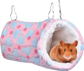 Petmolico Small Animals Hanging Tunnel, Warm Plush Hammock Cage Accessories for Parrot Sugar Glider Ferret Squirrel Hamster Rat Hideout Playing Sleeping, Pink Heart