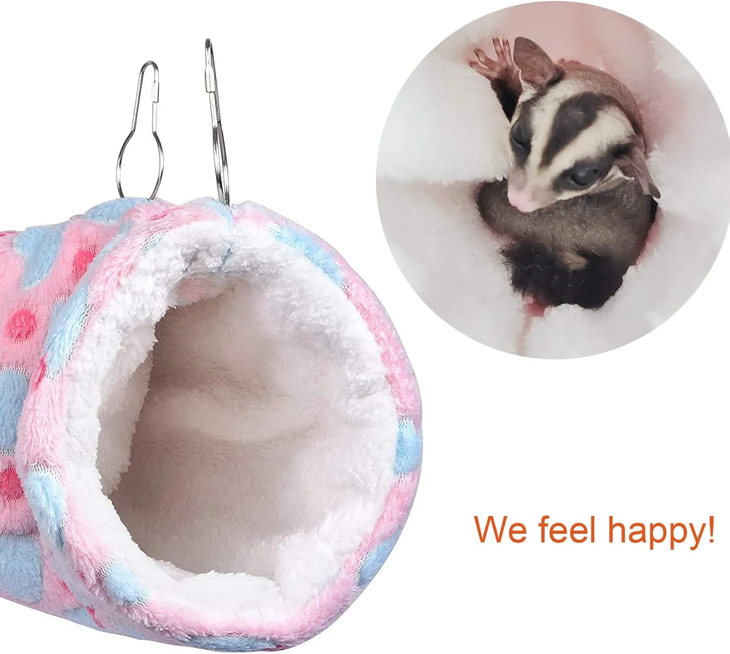Petmolico Small Animals Hanging Tunnel, Warm Plush Hammock Cage Accessories for Parrot Sugar Glider Ferret Squirrel Hamster Rat Hideout Playing Sleeping, Pink Heart