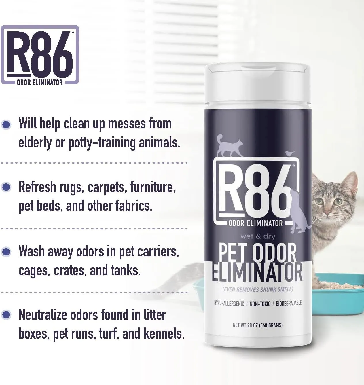 R86 Pet Odor Eliminator, Removes Odor from Litter Boxes, Carpet, and Hard Surfaces, Even Removes Skunk Smell from Cats & Dogs, Plant Based Formula, Use Wet or Dry, Hypoallergenic & Biodegradable