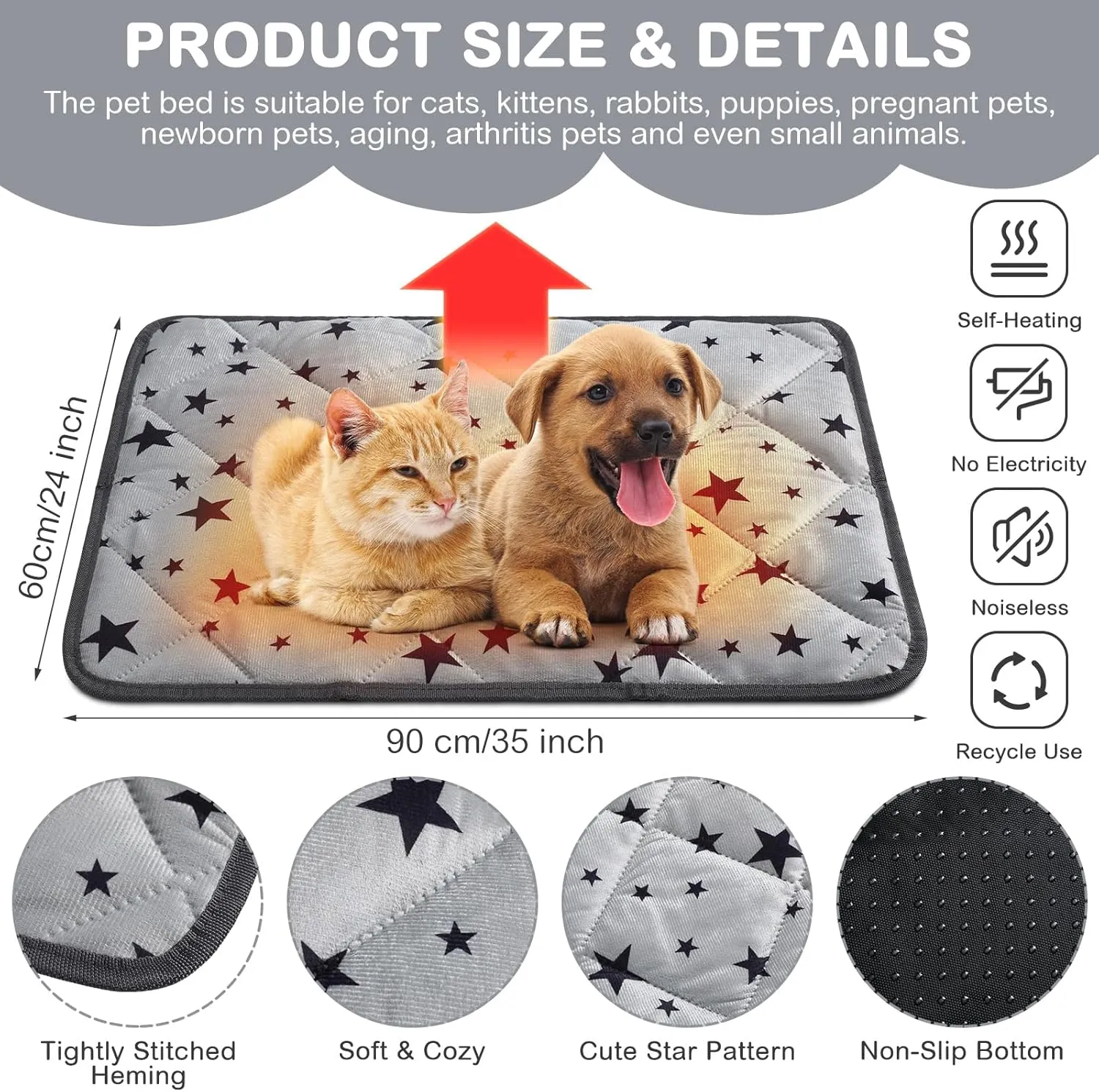 Self Warming Cat Bed Self Heating Dog Mat Star Pattern Warm Thermal Pet Pad Reflects Body Heat Washable Soft Puppy Crate Pad Anti Slip Kennel Mat Blanket for Indoor Pets(24 x 35 Inches)