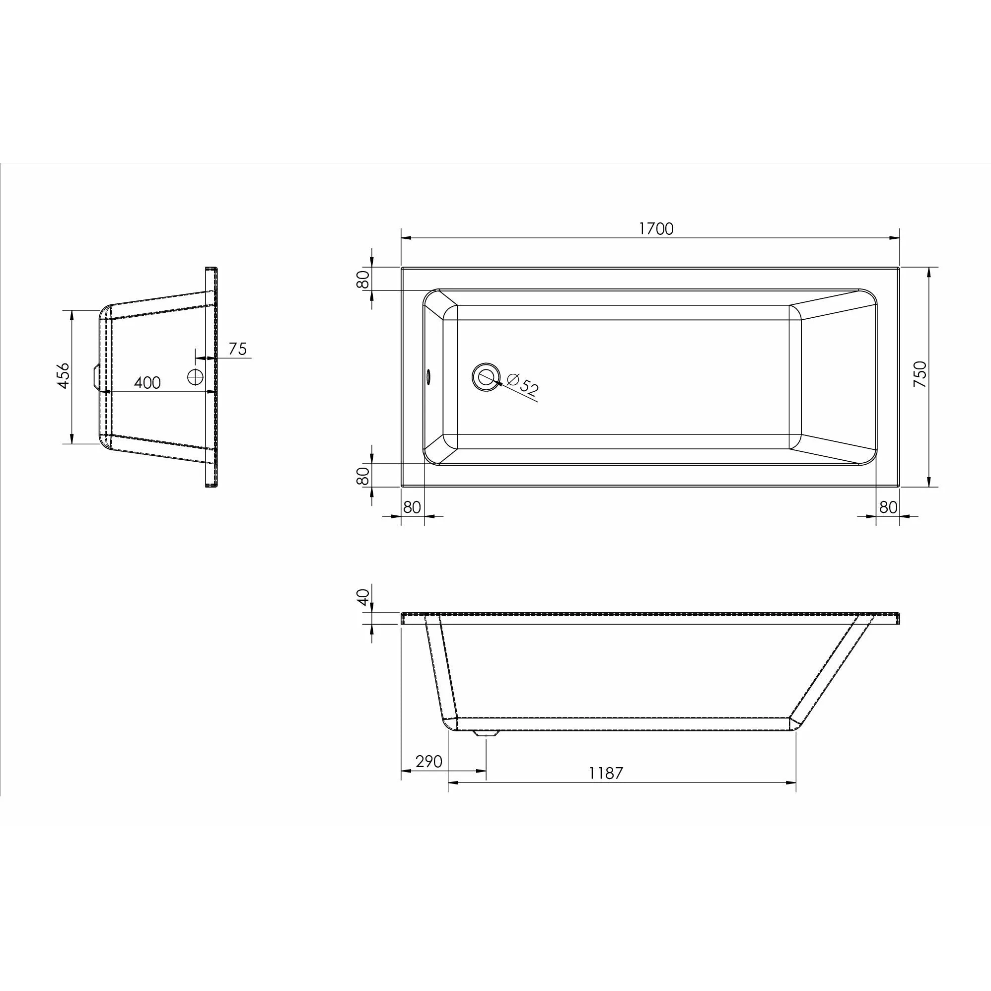 Single Ended Bathtub - 1700 x 750 | Saneux Stetson