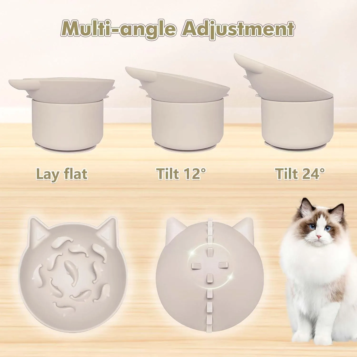 Slow Feeder Cat Bowl, Silicone Cat Slow Feeders with Suction Cups, Small Dogs & Cats, Elevated Multi-Angle Tilt Design Pet Feeder for Dry Wet Food (Beige)