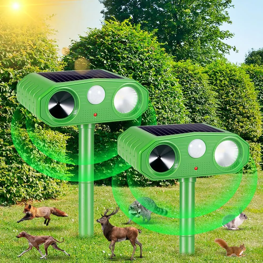 Solar Ultrasonic Animal Repeller Outdoor Waterproof Animal Deterrent with Motion Sensor, Strobe Light, Alarm Sound for Cat Squirrel Raccoon Deer Fox Skunk Bird Repellent for Garden Yard Patio (2)