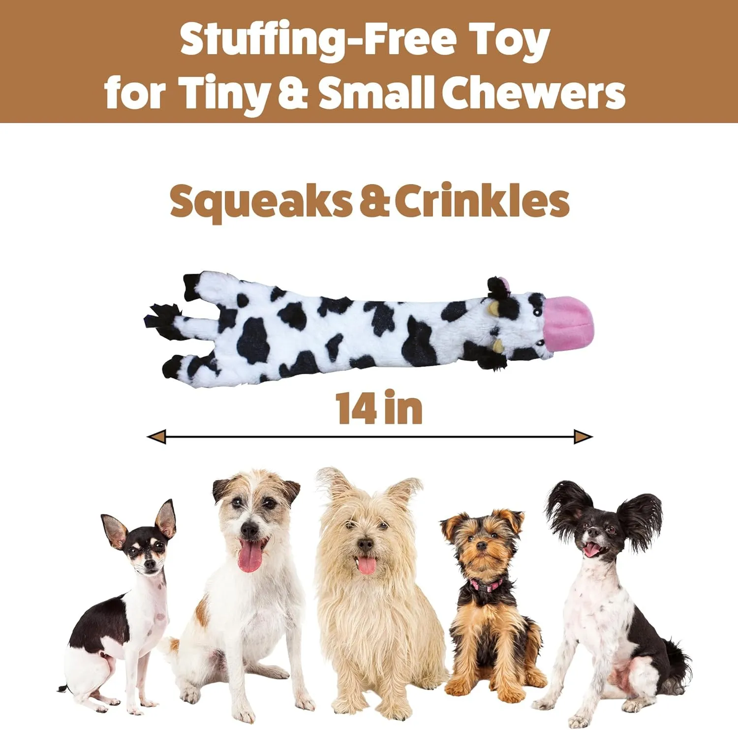 SPOT Skinneeez Crinklers Cow - Stuffing-Free Dog Toy with Crinkle & Squeaker Sounds, Durable for Moderate Chewers, Tug Toy for Small Dogs & Puppies, 14in