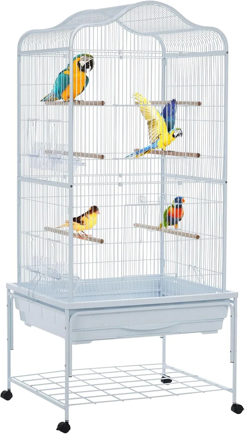 Standing Large Bird Cage, Wrought Iron, White, 25"L x 21" W x 54"H, Portable, Ideal for Parrots, Macaws, Cockatiels, Canaries, Finches, Lovebirds, Pigeons, Indoor & Outdoor Use