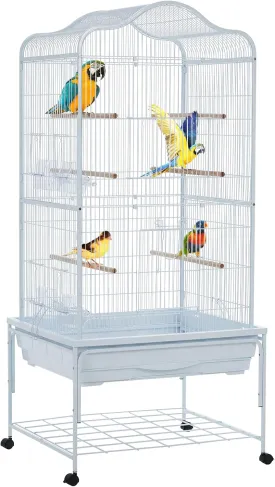 Standing Large Bird Cage, Wrought Iron, White, 25"L x 21" W x 54"H, Portable, Ideal for Parrots, Macaws, Cockatiels, Canaries, Finches, Lovebirds, Pigeons, Indoor & Outdoor Use
