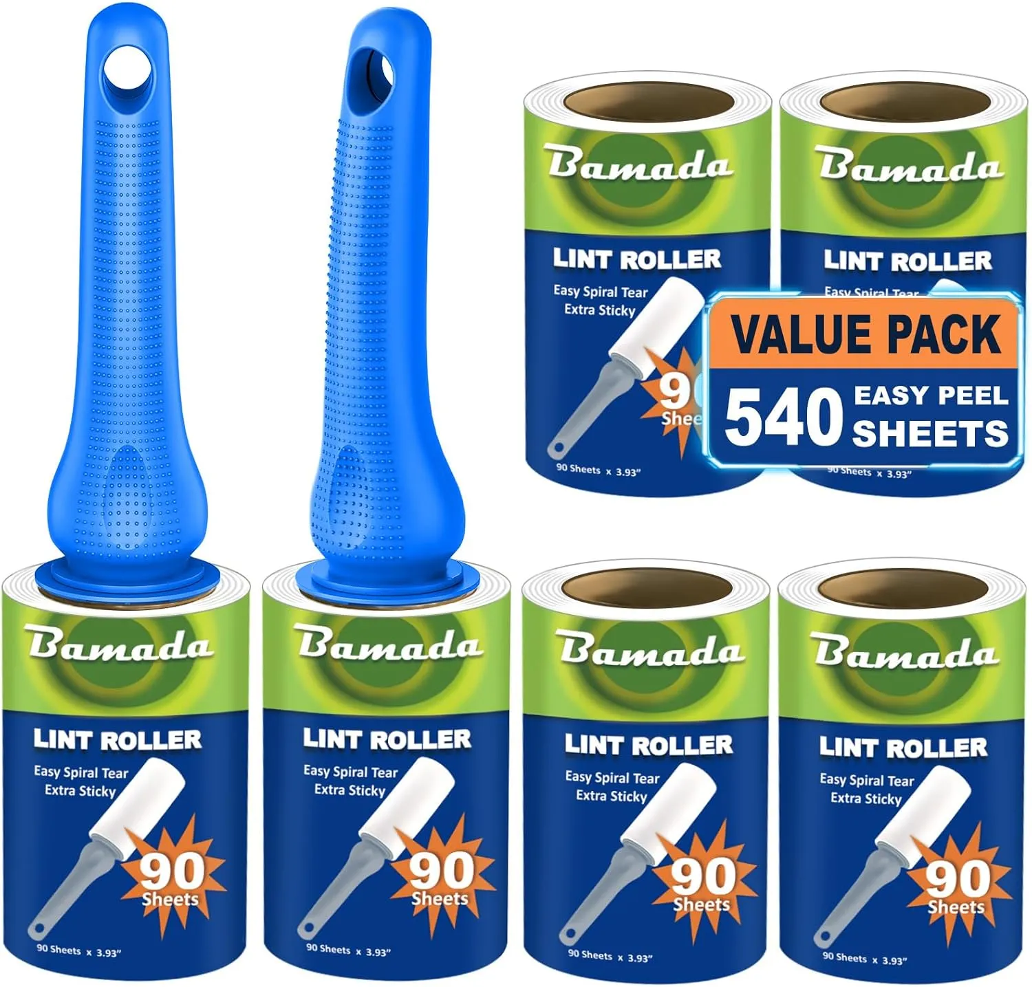 Sticky Lint Roller for Pet Hair: Lint Remover for Dog Cat Hair Mega Value Set 540 Sheets 2 Handles 6 Rollers Fur Removal for Clothes Couch Furniture