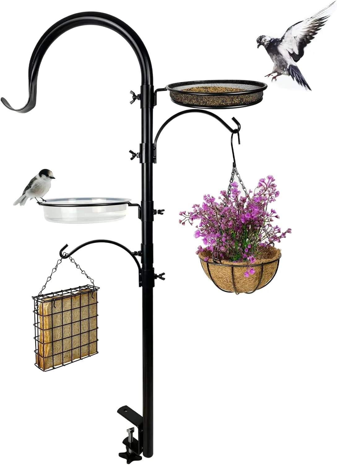 Upgraded Bird Feeding Station Kit,Deck Railing Mounted Birds Feeder Pole for Balcony with 3 Hooks,Bird Bath,Metal Mesh Tray and Suet Cage,Multi-Design Style,Used for Plant Hanger
