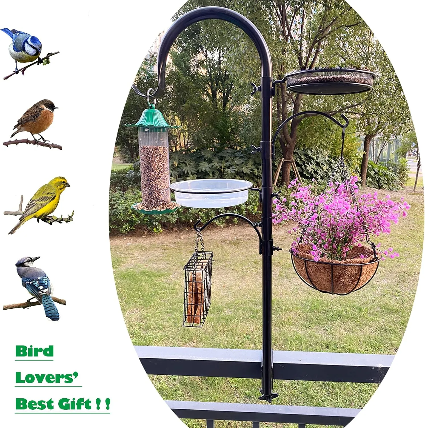 Upgraded Bird Feeding Station Kit,Deck Railing Mounted Birds Feeder Pole for Balcony with 3 Hooks,Bird Bath,Metal Mesh Tray and Suet Cage,Multi-Design Style,Used for Plant Hanger