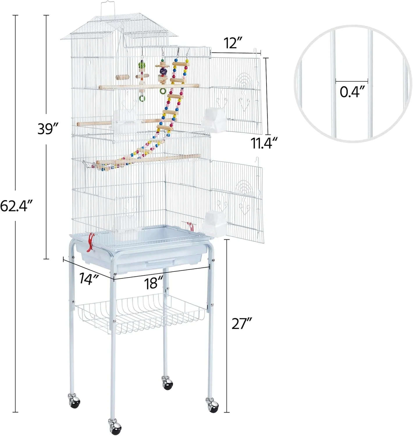 Yaheetech 62.4-inch Roof Top Flight Bird Cage for Parakeets Cockatiels Conures Finches Lovebirds Canaries Budgies Small Parrots, Large Birdcage with Detachable Rolling Stand, White