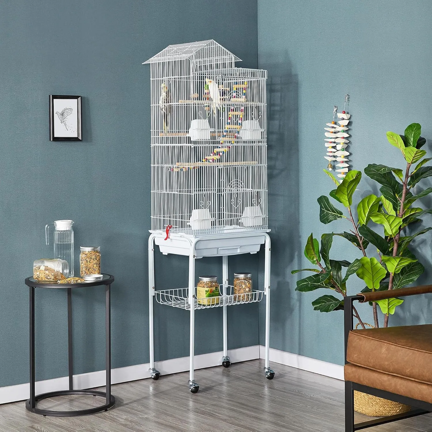 Yaheetech 62.4-inch Roof Top Flight Bird Cage for Parakeets Cockatiels Conures Finches Lovebirds Canaries Budgies Small Parrots, Large Birdcage with Detachable Rolling Stand, White