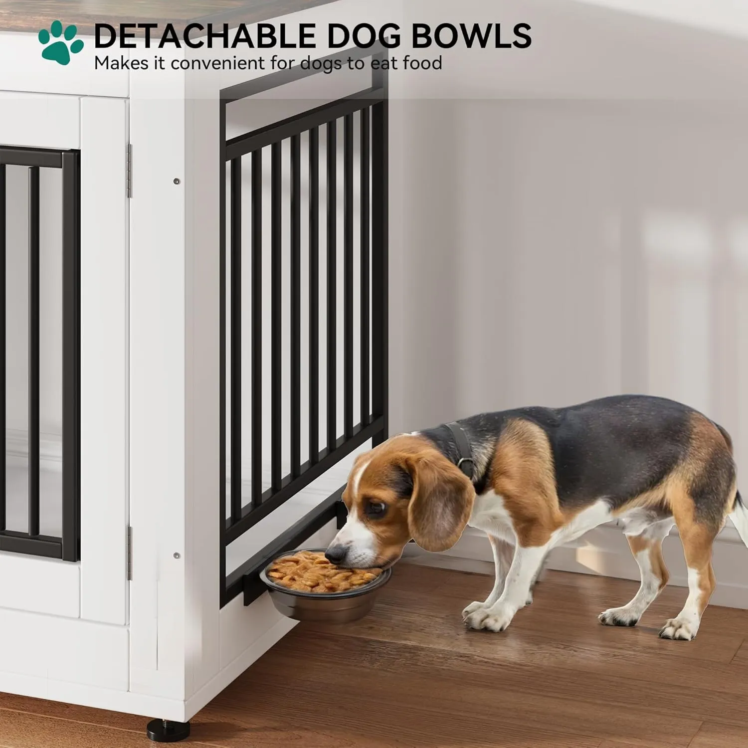 YITAHOME 39" Dog Crate Furniture, Wooden Side End Table with Adjustable Feet and Removable Bowls, Dog Kennel Indoor for Medium Large Dogs