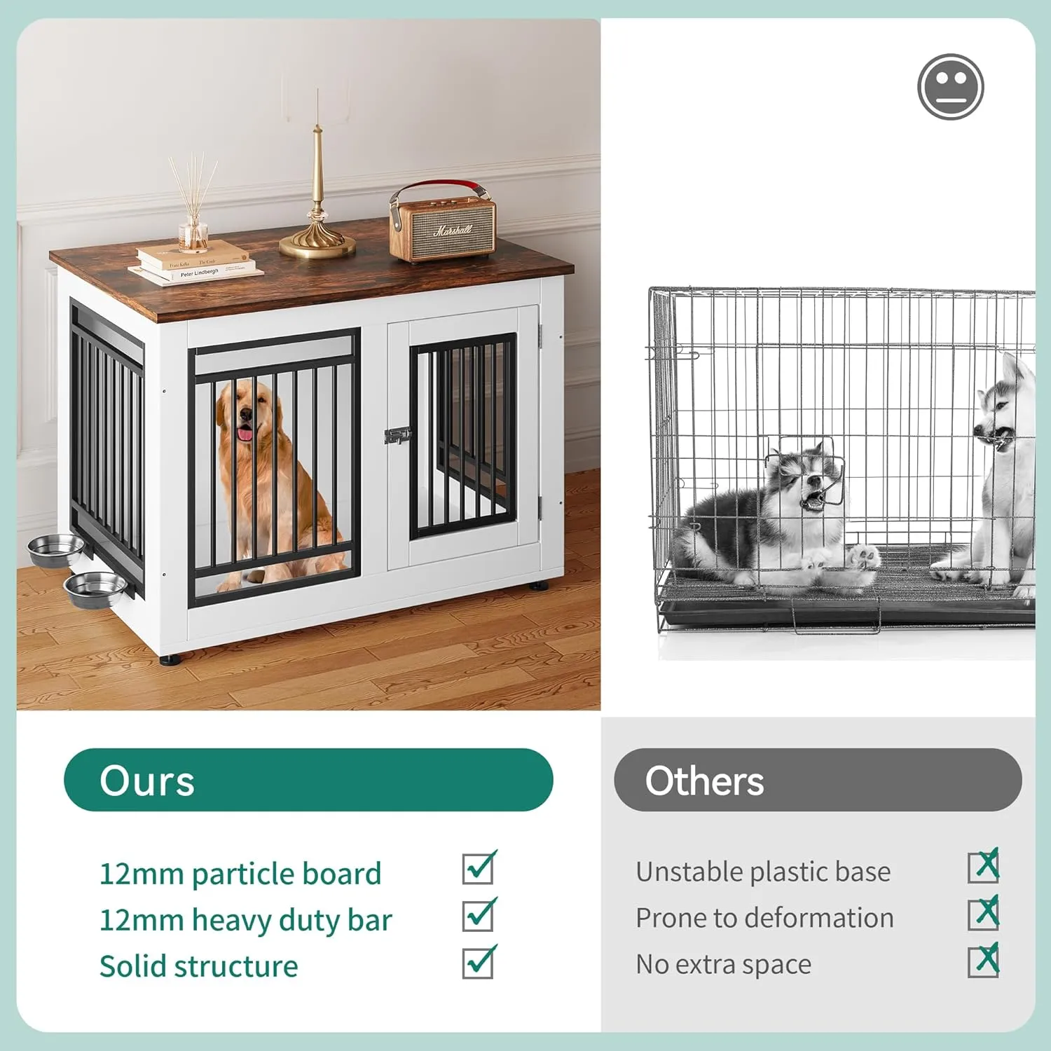 YITAHOME 39" Dog Crate Furniture, Wooden Side End Table with Adjustable Feet and Removable Bowls, Dog Kennel Indoor for Medium Large Dogs