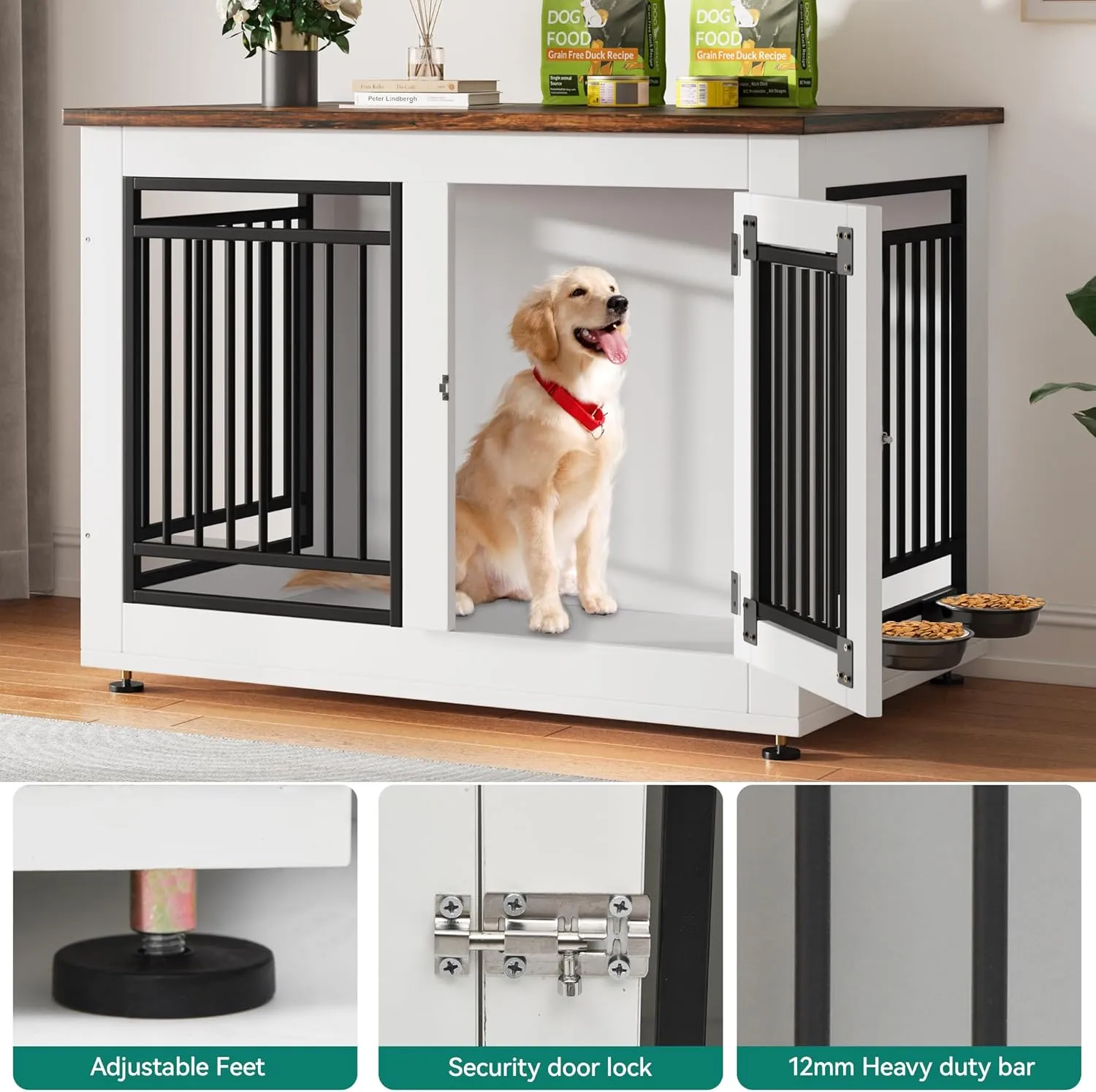 YITAHOME 39" Dog Crate Furniture, Wooden Side End Table with Adjustable Feet and Removable Bowls, Dog Kennel Indoor for Medium Large Dogs
