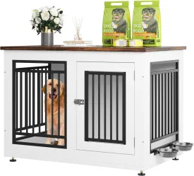 YITAHOME 39" Dog Crate Furniture, Wooden Side End Table with Adjustable Feet and Removable Bowls, Dog Kennel Indoor for Medium Large Dogs